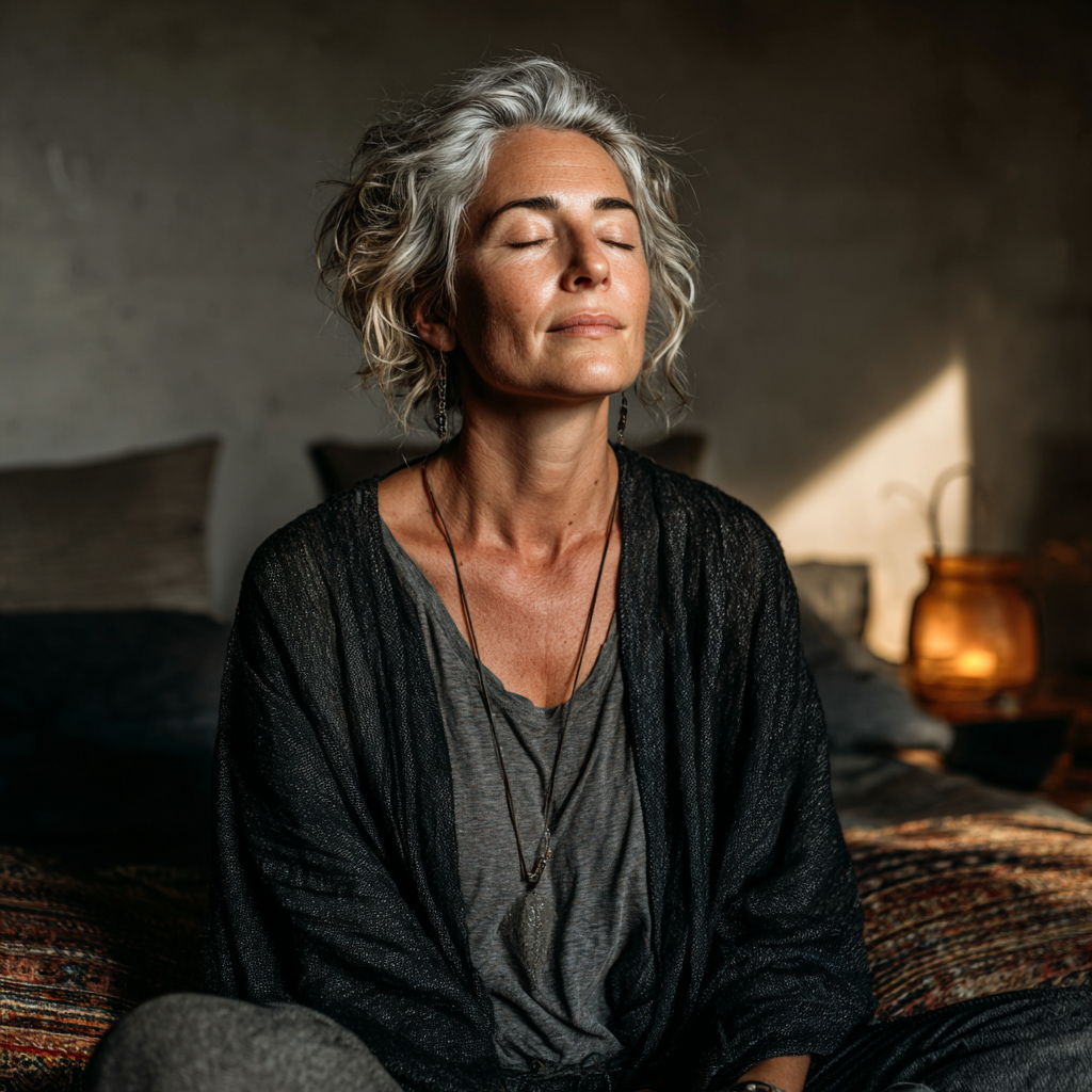 A peaceful middle-aged woman in her 40s sitting in meditation pose with eyes closed, practicing mindfulness in a tranquil indoor setting with soft natural lighting and minimalist decor