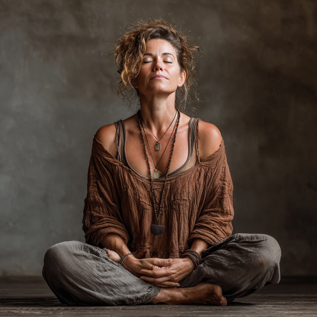 A peaceful woman in her late 40s sitting in lotus position during morning yoga practice, eyes closed in meditation, wearing comfortable earth-tone clothing in a serene studio setting