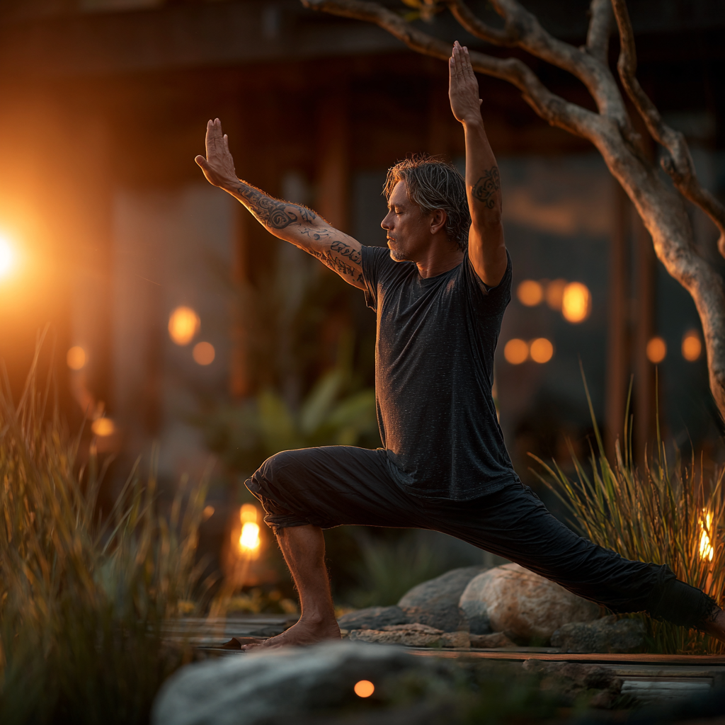 A serene man in his early 50s practicing yoga in warrior pose at sunset, surrounded by natural elements like plants and soft lighting, embodying the philosophy of balance and mindfulness